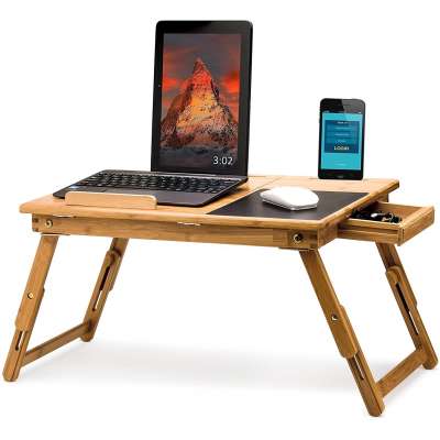 Natrual Bamboo Laptop Desk folding bed Desk Adjustable Laptop Stand Tray Table Tilting Shelf with Magnetic Drawer